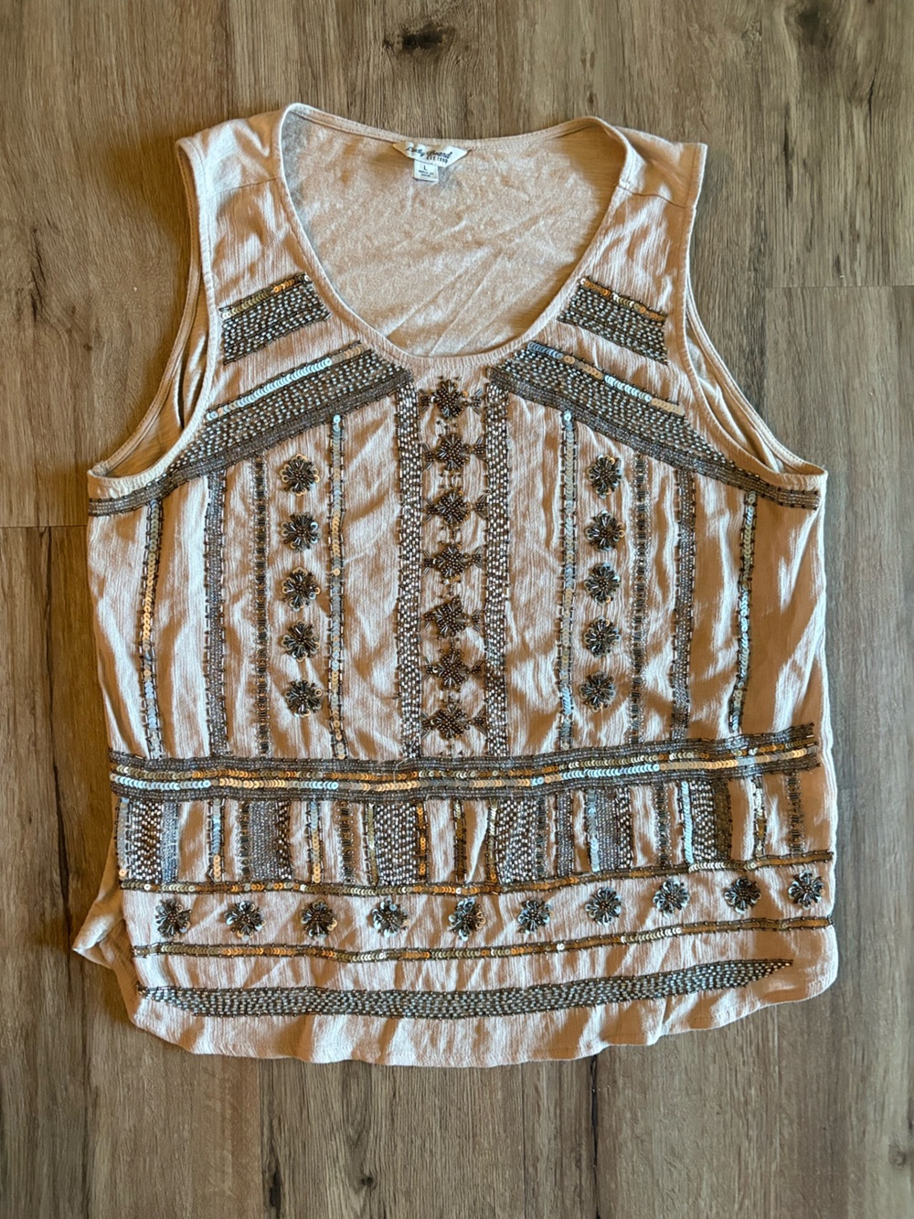Lucky Brand Cream Boho Embellished Sequin Beaded Cotton Tank Top L